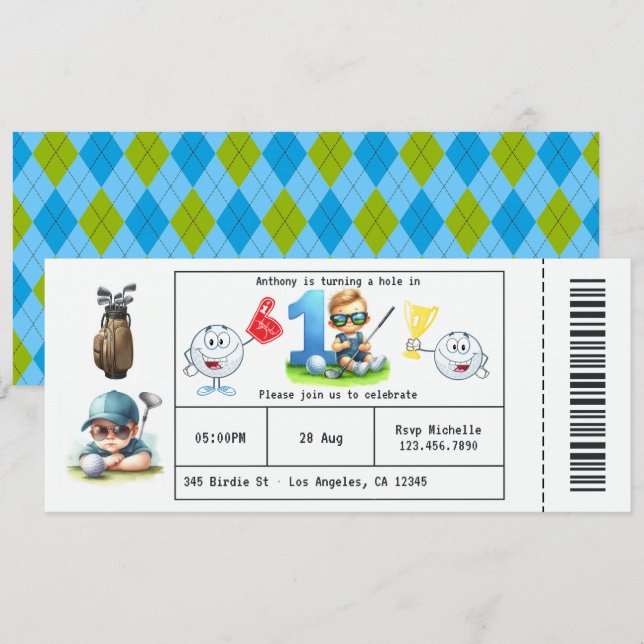 Convite Bilhete de Golfe para Menino Estilo Festa de 1º An (Frente/Verso)