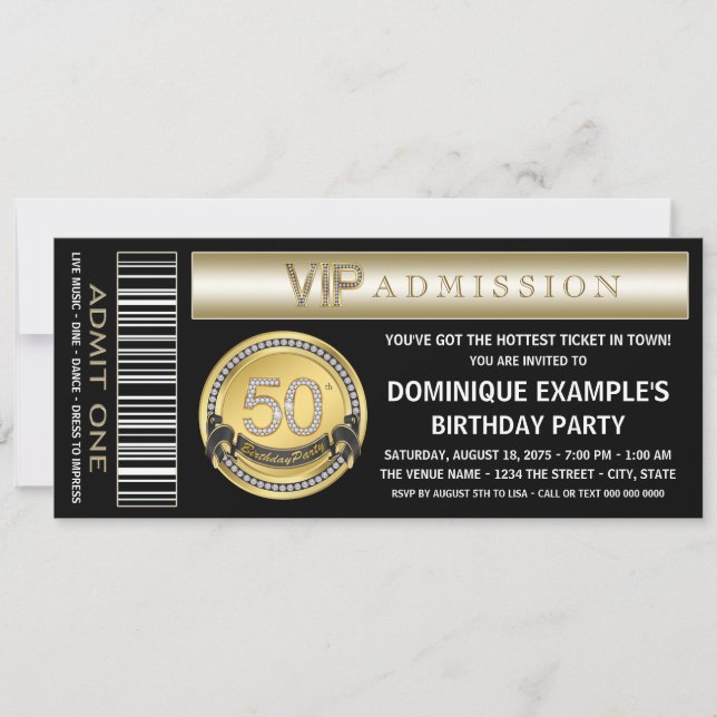 Convite Bilhete de ingresso para a festa de 50º aniversári (Frente)
