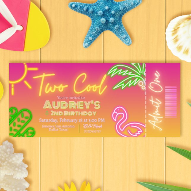 Convite Bilhete de Ingresso para Festa de Piscina Tropical (Two Cool Tropical Pink Neon Pool Party Ticket Invitation)