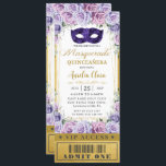 Convite Bilhete de Mascarada Roxo Lilac Floral de Quinceañ<br><div class="desc">Personalize este chic Quinceañera / convite do estilo de tíquete VIP do partido Doce 16 com os detalhes do seu partido de forma fácil e rápida, basta pressionar o botão personalizar para reorganizar e formatar o estilo e a colocação do texto. Apresentando uma máscara de mascarada, belos rosas verdes esmeraldas...</div>