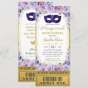 Convite Bilhete de Mascarada Roxo Lilac Floral de Quinceañ