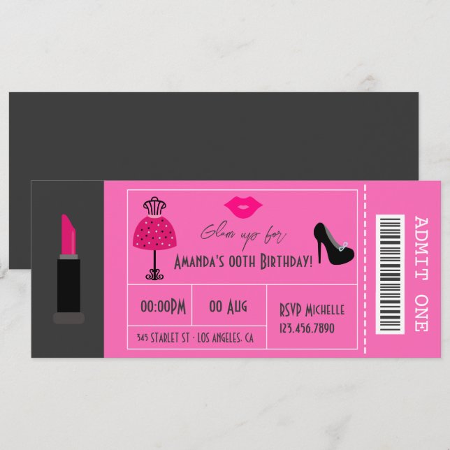 Convite Bilhete de Menina para Noite de Festa de Moda Glam (Frente/Verso)