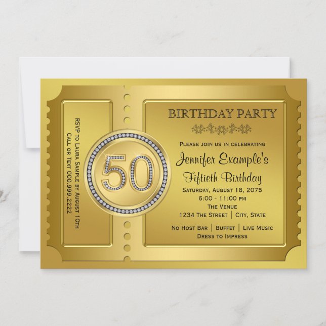Convite Bilhete de Ouro Puro Festa de Aniversário de 50 an (Frente)