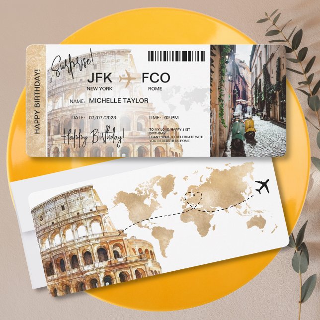 Convite Bilhete de Passagem de Embarque de Aniversário Sur (rome surprise boarding pass)