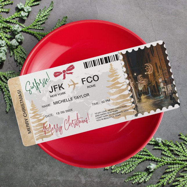 Convite Bilhete de Passagem de Embarque de Natal Surpresa (surprise boarding pass card for christmas trip with golden pine trees and red bow)