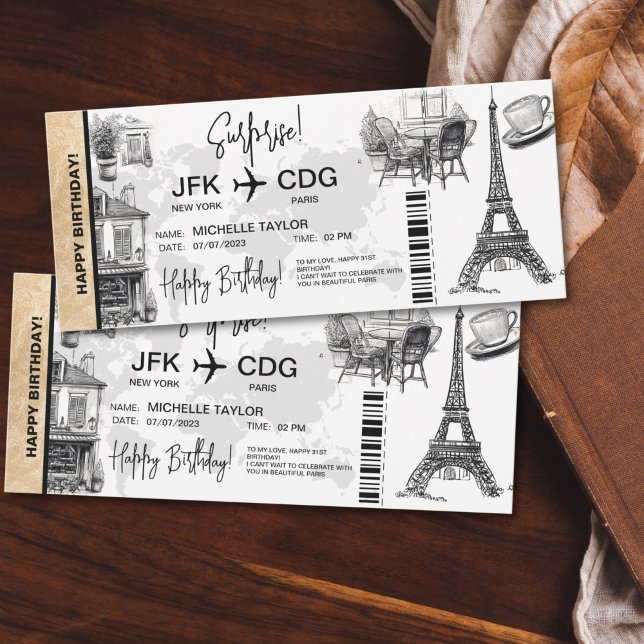 Convite Bilhete de Passagem de Embarque de Parceiro Surpre (paris themed doodles surprise boarding pass ticket)