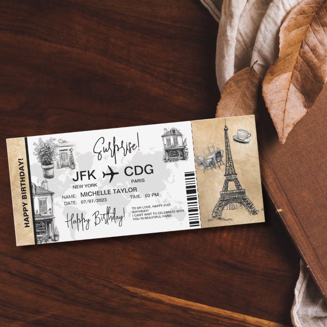 Convite Bilhete de Passagem de Embarque de Parceiro Surpre (CUTE DOODLE WHIMSICAL PARIS SURPRISE BOARDING PASS TICKET)