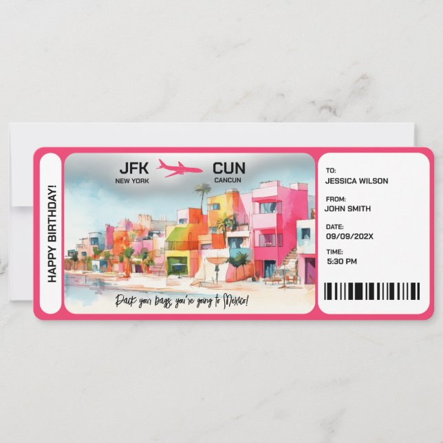 Convite Bilhete de Passagem de Embarque Surpresa no México (Frente)