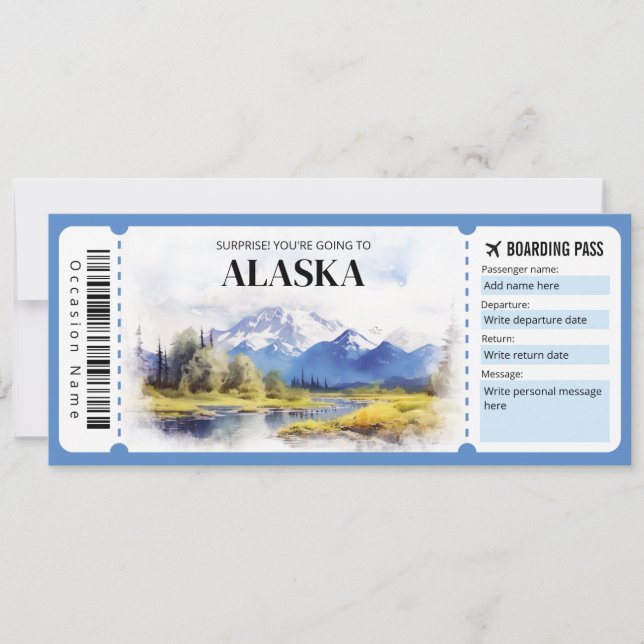 Convite Bilhete de Plano de Embarque do Alaska Editável (Frente)