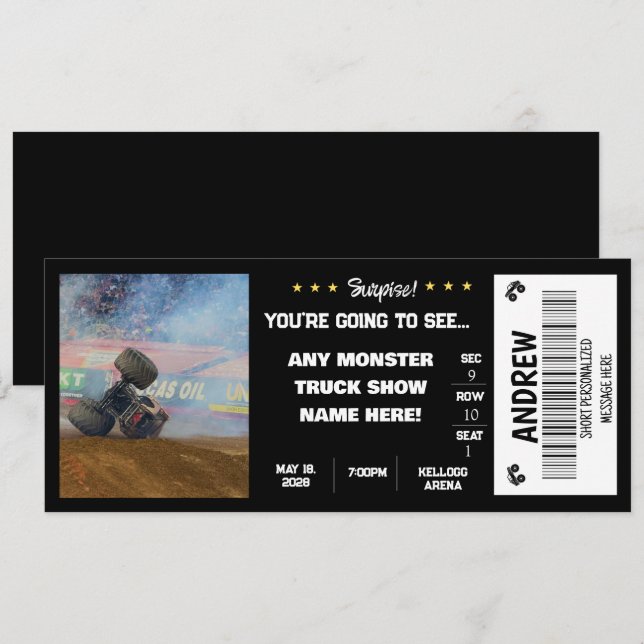 CONVITE BILHETE DE PRESENTE PARA CAMINHÕES MONSTRO SURPRES (Frente/Verso)