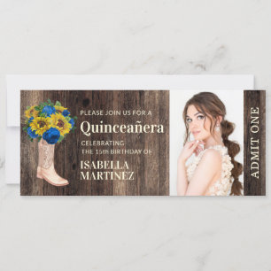 Convite Bilhete de Quinceañera de Bota de Rosa Azul de Gir