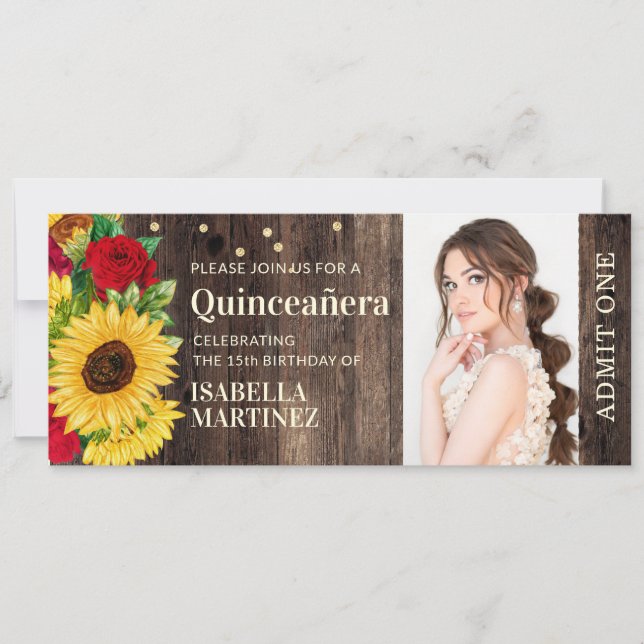 Convite Bilhete de Quinceañera de Botas de Girassóis Rústi (Frente)