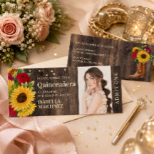Bilhete de Quinceañera de Botas de Girassóis Rústi