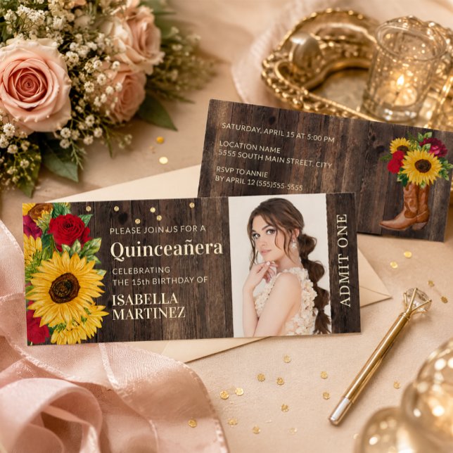 Convite Bilhete de Quinceañera de Botas de Girassóis Rústi (Red roses and sunflowers Quinceanera ticket invitation)