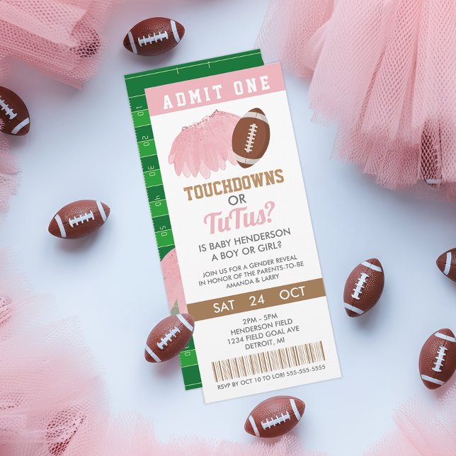 Convite Bilhete de Revelação de Gênero Touchdowns ou Tutus (Touchdowns or Tutus Gender Reveal Ticket Invitation)
