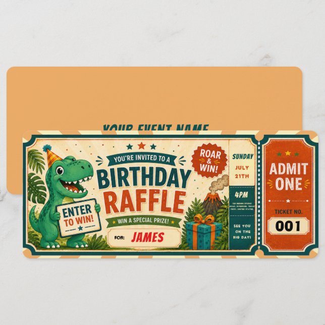 Convite Bilhete de Rifas de Aniversário de Dinossauro (Frente/Verso)