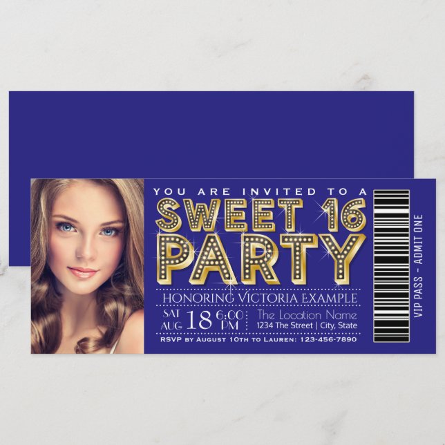 Convite Bilhete de Sweet 16 Azul Real e Dourado (Frente/Verso)