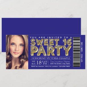 Convite Bilhete de Sweet 16 Azul Real e Dourado