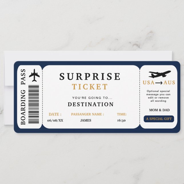 Convite Bilhete de Viagem Surpresa Passagem de Embarque de (Frente)