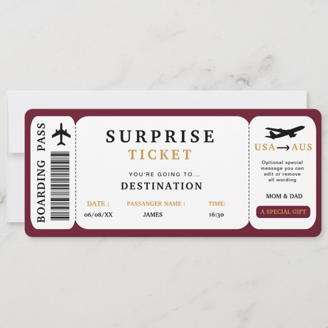 Convite Bilhete de Viagem Surpresa Passagem de Embarque Vi (Frente)