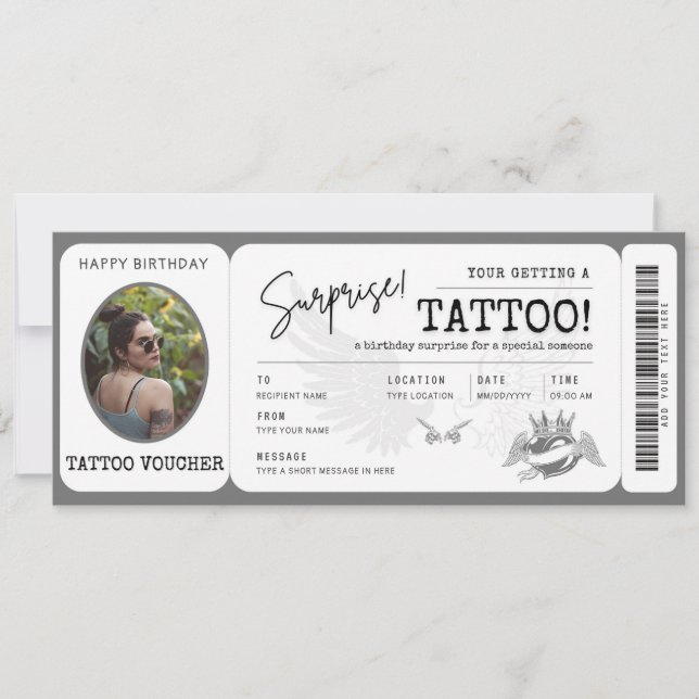 Convite Bilhete de voucher de tatuagem pessoal com foto (Frente)