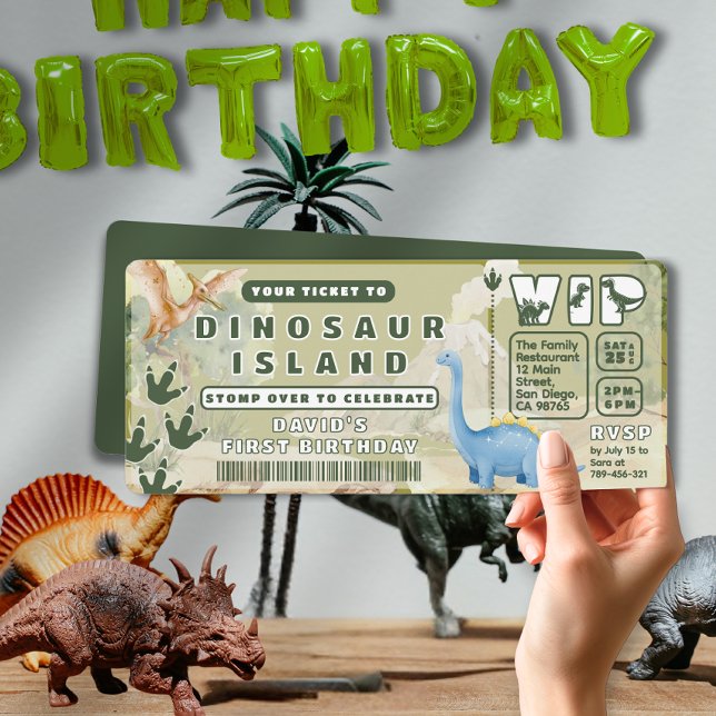 Convite Bilhete do Parque do Dinossauro da Selva do Vulcão (Jungle Volcano Dinosaur Theme Park Ticket Birthday Invitation)
