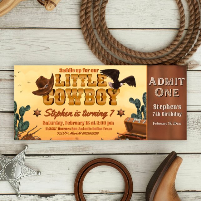 Convite Bilhete do Pequeno Cowboy (Little Cowboy -  Boy Birthday Ticket Invitation)
