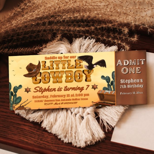 Convite Bilhete do Pequeno Cowboy (Little Cowboy -  Boy Birthday Ticket Invitation )