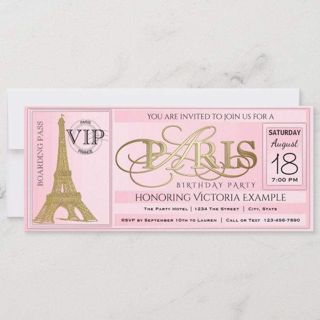 Convite Bilhete do PInk Paris Birthday Party (Frente)