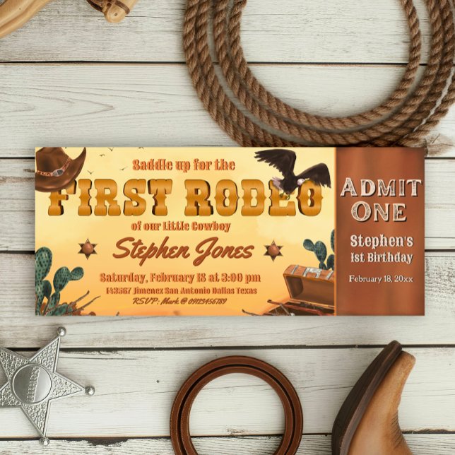 Convite Bilhete do Primeiro Rodeio  (First Rodeo -  Boy 1st Birthday Cowboy Ticket Invitation)