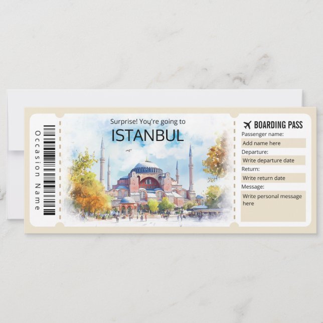 Convite Bilhete editável para o avião de Istambul, viagem  (Frente)