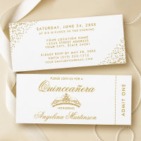 Bilhete Elegante Quinceanera Dourado e Branco