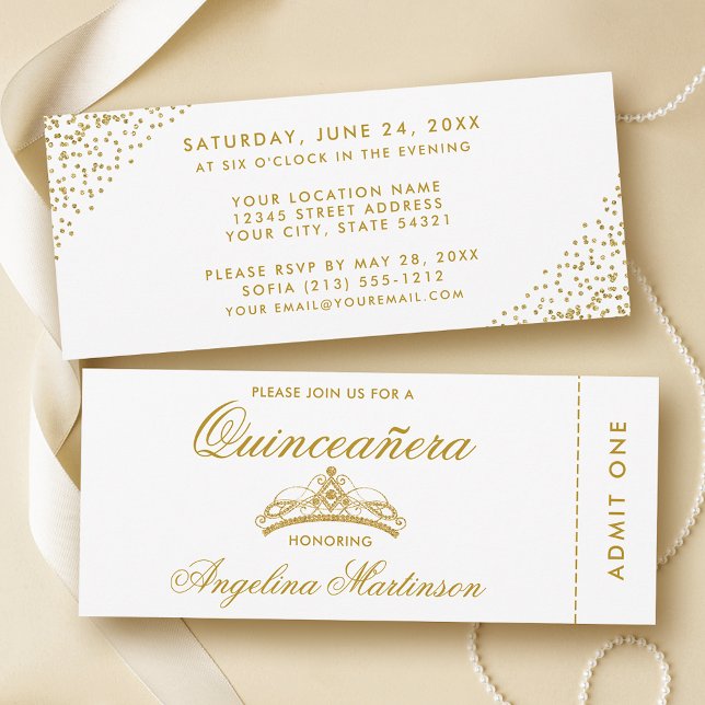 Convite Bilhete Elegante Quinceanera Dourado e Branco (Customize to change text style or text size.)