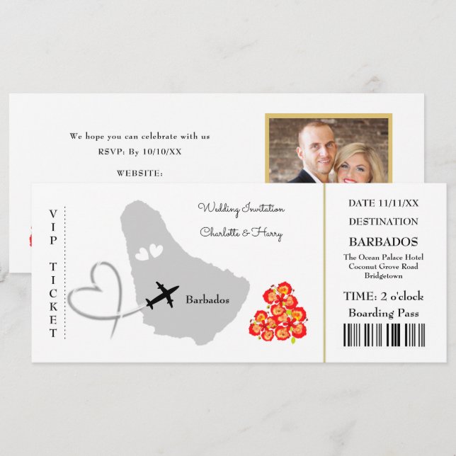 Convite Bilhete Embarcado Destino de Casamento de Passagem (Frente/Verso)