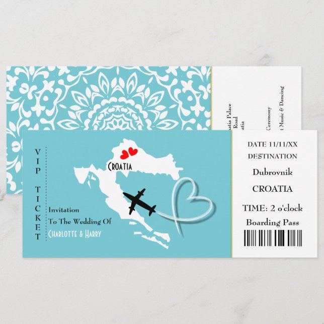 Convite Bilhete Embarcado Pass Casamento Destino Croácia (Frente/Verso)