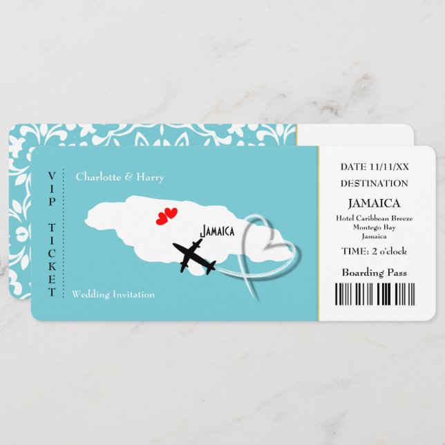 Convite Bilhete Embarque Pass Casamento Destino Jamaica I (Frente/Verso)