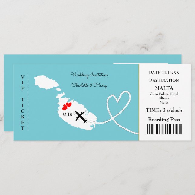 Convite Bilhete Embarque Pass Casamento Destino Malta (Frente/Verso)