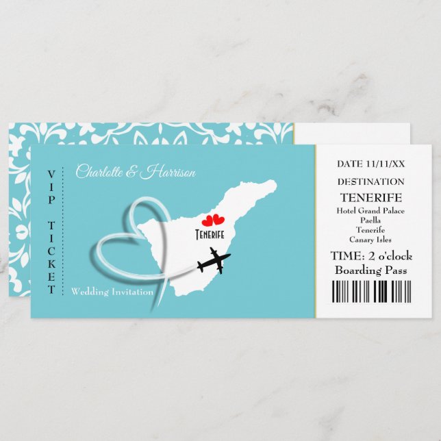 Convite Bilhete Embarque Pass Casamento Destino Tenerife (Frente/Verso)