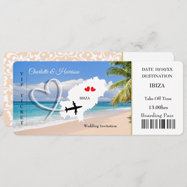 Convite Bilhete Ibiza de Destino de Casamento (Frente/Verso)