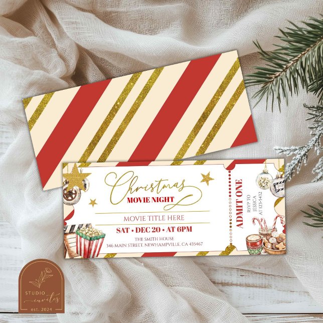 Convite Bilhete para Noite de Filme de Natal em Ouro (Criador carregado)