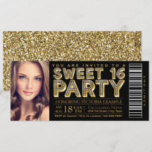 Convite Bilhete Preto e Dourado Sweet 16 Hollywood Glam