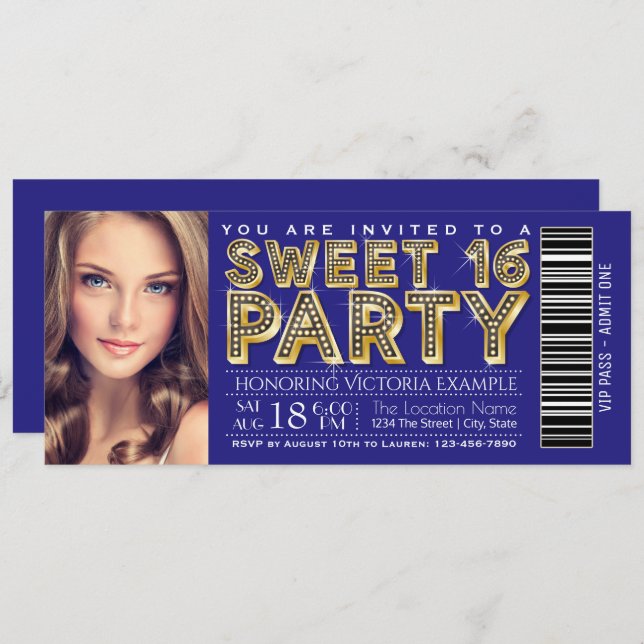 Convite Bilhete Real Azul e Dourado Doce 16 (Frente/Verso)