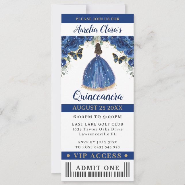 Convite Bilhete Real Blue Floral Quinceañera Sweet 16 VIP (Frente)