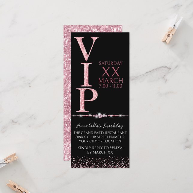 Convite Bilhete VIP com Brilho Preto e Rosa (Frente/Verso In Situ)
