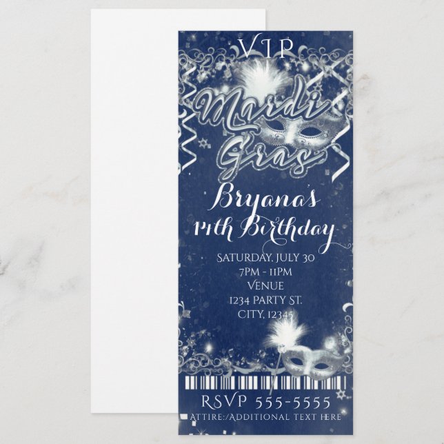 Convite Bilhete VIP de Aniversário Azul e Branco do Mardi  (Frente/Verso)