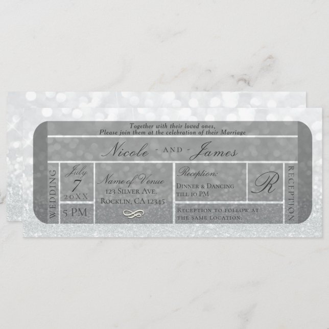 Convite Bilhete VIP de Casamento Brilho Prata Branco (Frente/Verso)