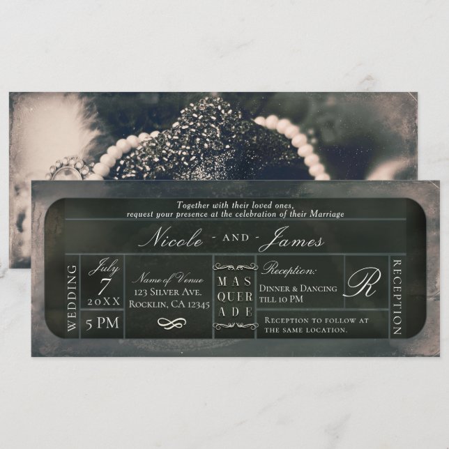 Convite Bilhete VIP de Casamento Brilho Prata Branco (Frente/Verso)