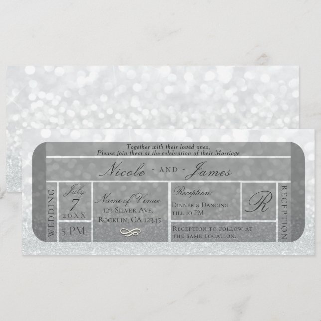 Convite Bilhete VIP de casamento com brilho prateado branc (Frente/Verso)
