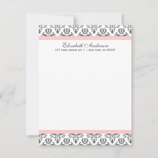 Convite Bilhetes de Agradecimento Rosa e Cinza Damask (Frente)