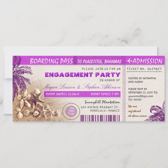Convite bilhetes de embarque roxo para Festa de noivado (Frente)